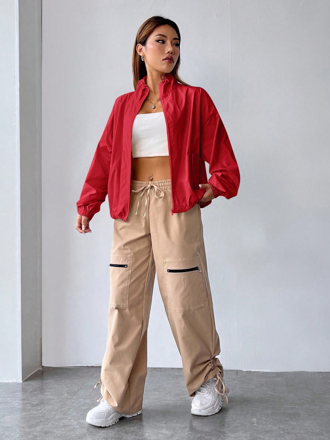 JoyPoem Women's Lightweight Windbreaker Jacket Zip Up Drawstring Drop Shoulder Casual Jacket Outerwear Waterproof - Image 3