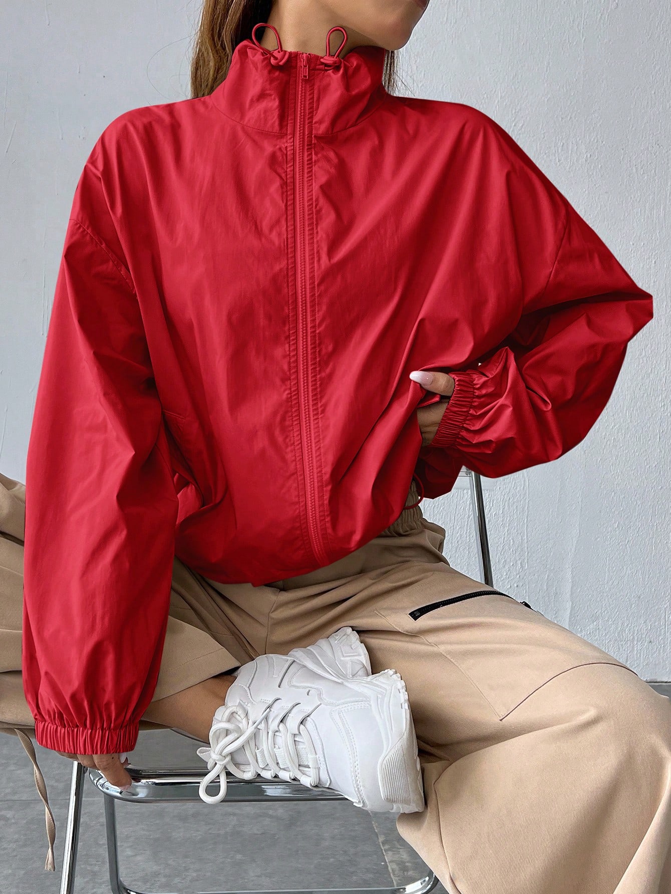 JoyPoem Women's Lightweight Windbreaker Jacket Zip Up Drawstring Drop Shoulder Casual Jacket Outerwear Waterproof - Image 4