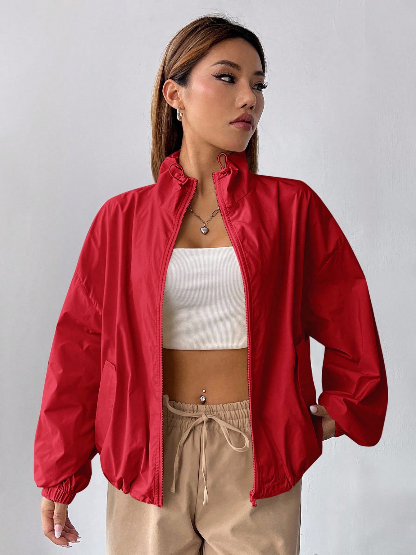 JoyPoem Women's Lightweight Windbreaker Jacket Zip Up Drawstring Drop Shoulder Casual Jacket Outerwear Waterproof - Image 5