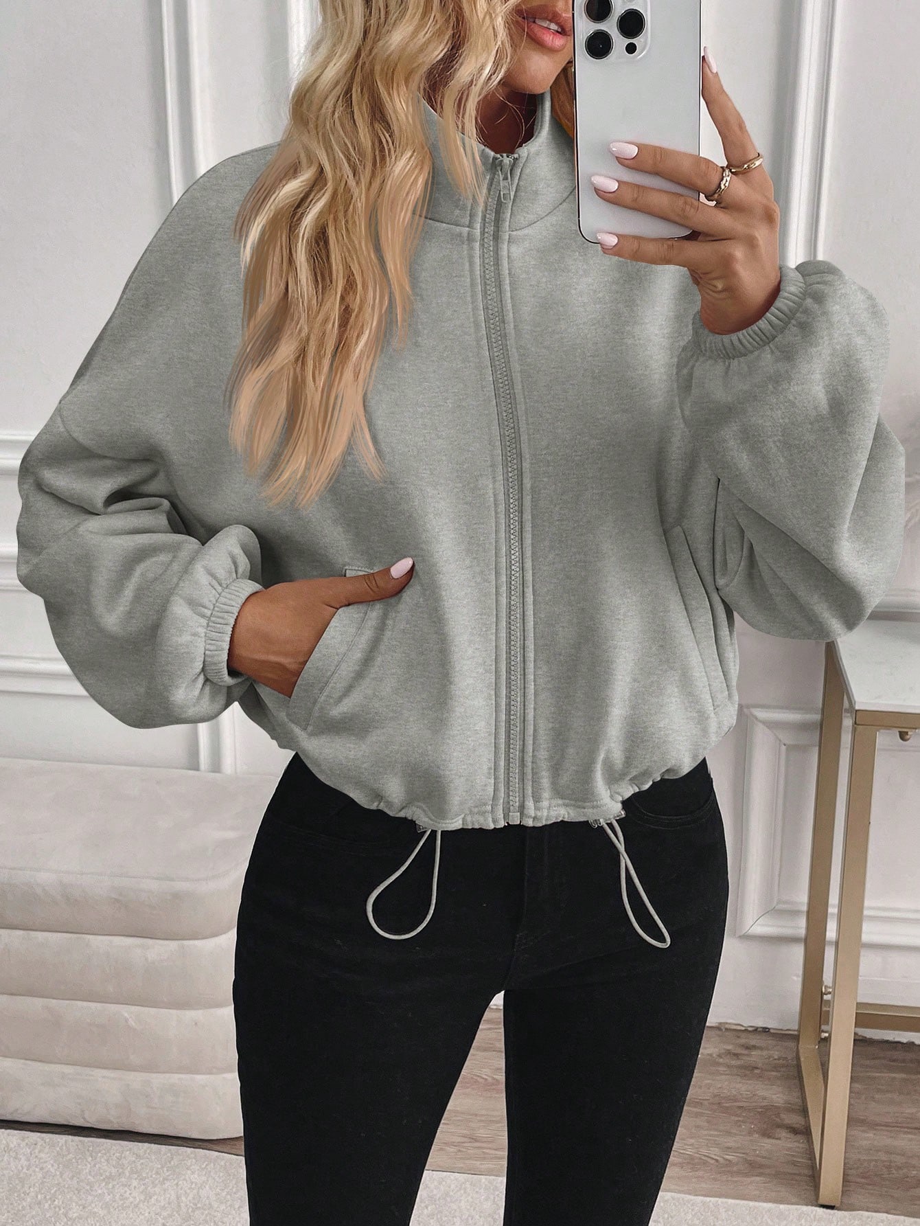JoyPoem Women's Cropped Mock Neck Sweatshirt Zip Up Drawstring Drop Shoulder Jacket