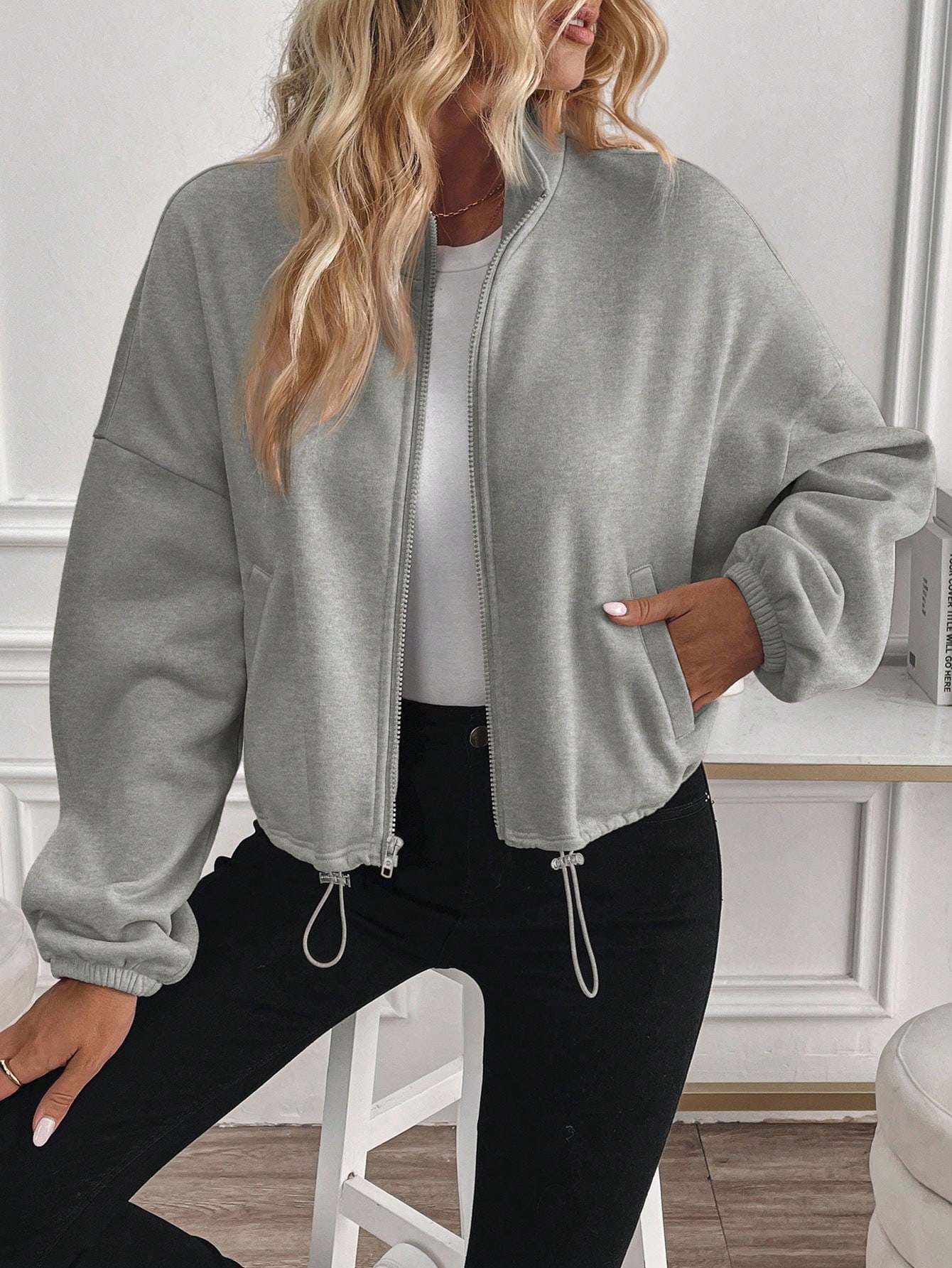JoyPoem Women's Cropped Mock Neck Sweatshirt Zip Up Drawstring Drop Shoulder Jacket - Image 4