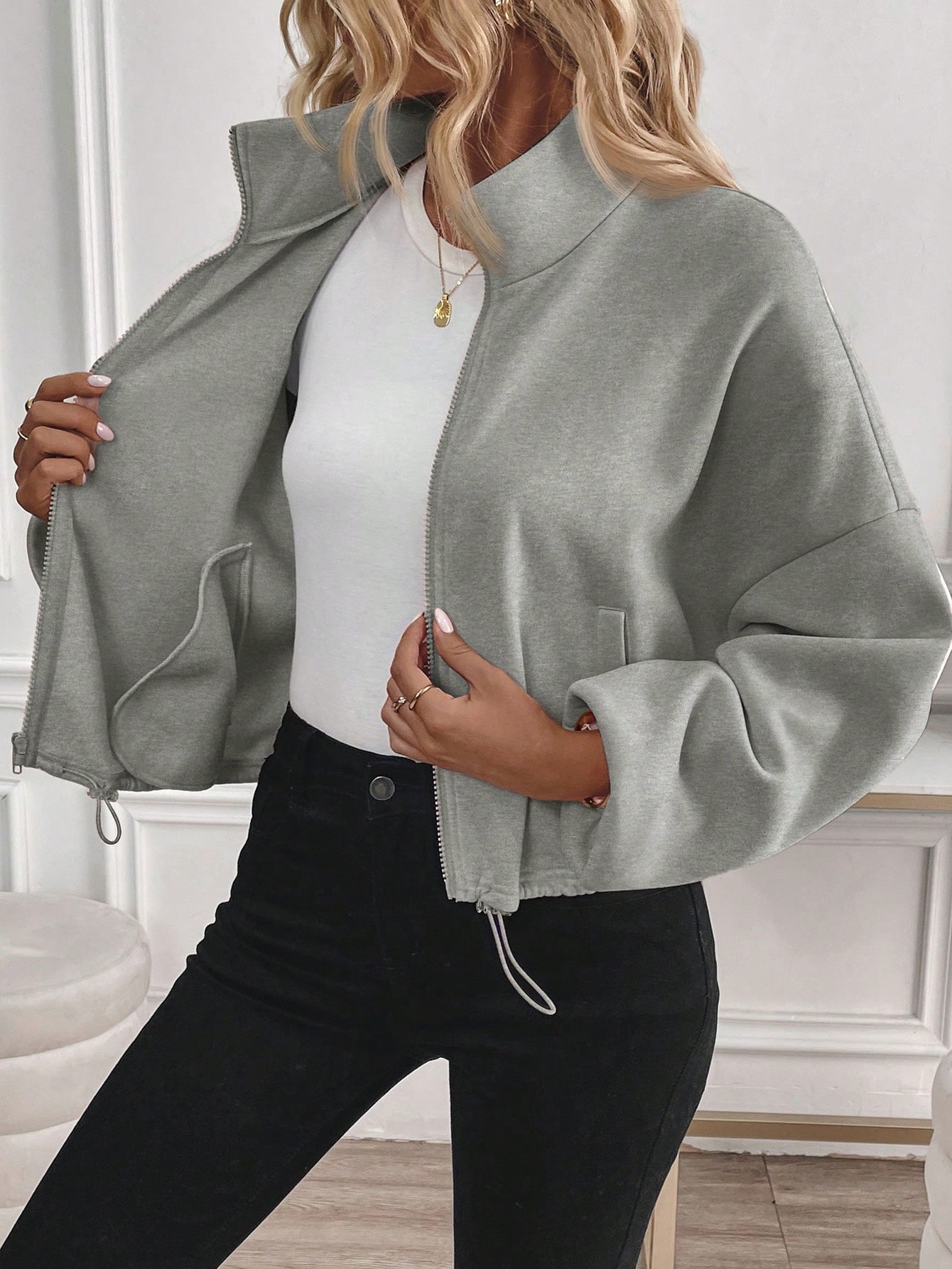 JoyPoem Women's Cropped Mock Neck Sweatshirt Zip Up Drawstring Drop Shoulder Jacket - Image 5